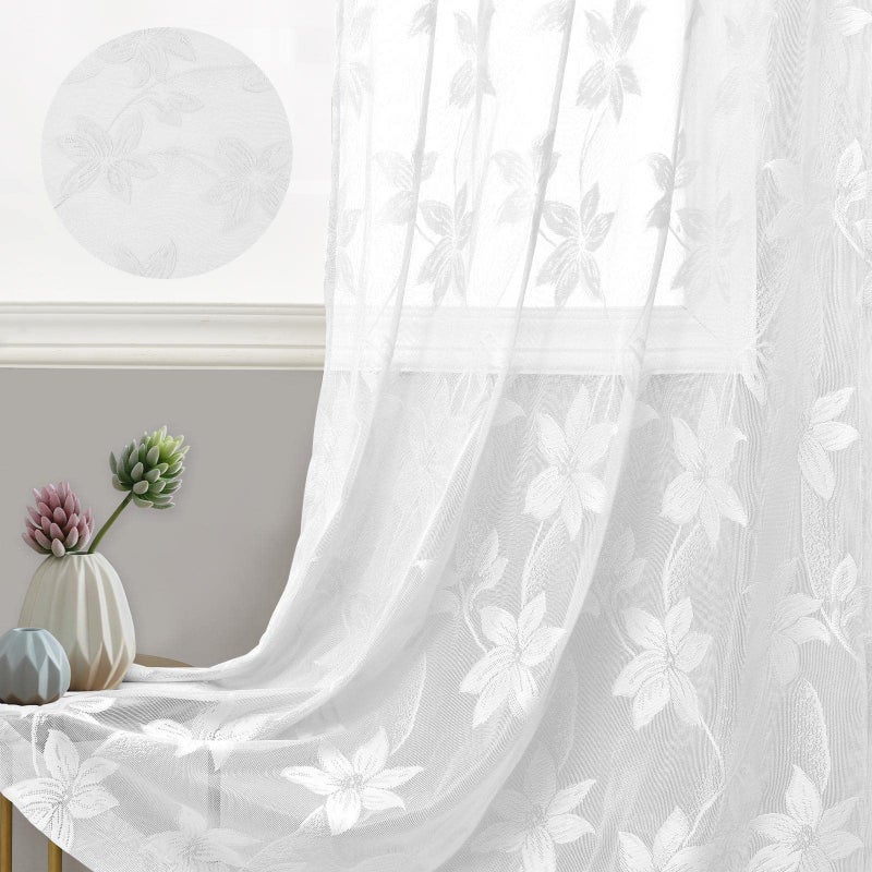 DWCN White Short Sheer Curtains for Kitchen - Floral Lace Design Rod Pocket Window Voile Sheer Drapes for Living Room Kitchen Short Curtains 42 x 45 inch Length, Set of 2, White - Image 3